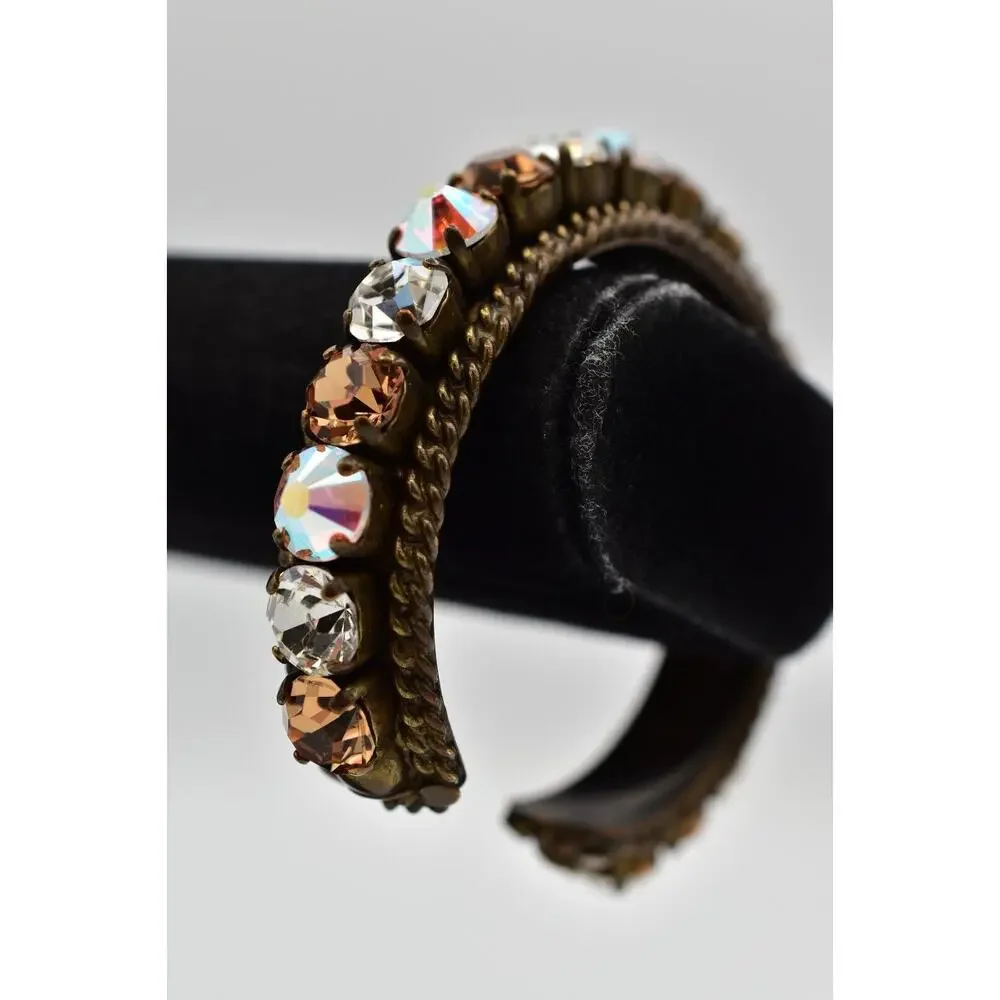 Sorrelli Vintage Crystal Cuff Bangle Aurora Borealis Chocolate Brass Signed BinO